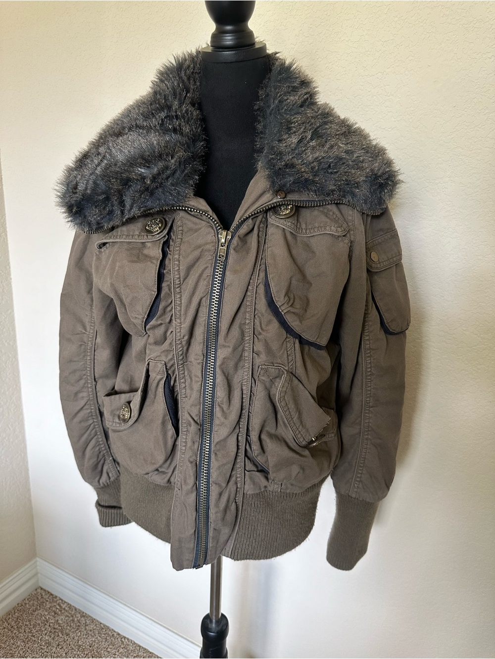 Daytrip Brown Bomber Jacket with Faux Fur Collar Y2K